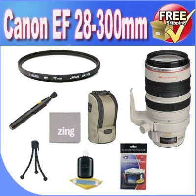 Canon EF 28-300mm f/3.5-5.6L is USM Lens + 3 Piece Filter Kit + Lens Case + Zing Microfiber Cleaning Cloth + Lens Pen Cleaner Bundle