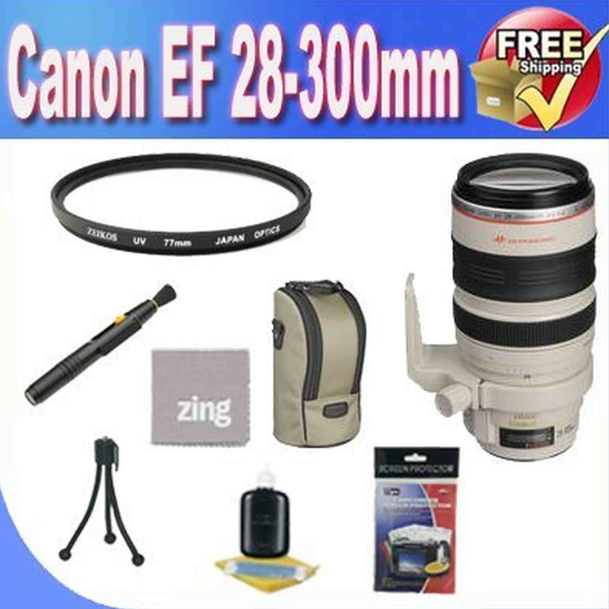 Canon EF 28-300mm f/3.5-5.6L is USM Lens + 3 Piece Filter Kit + Lens Case + Zing Microfiber Cleaning Cloth + Lens Pen Cleaner Bundle