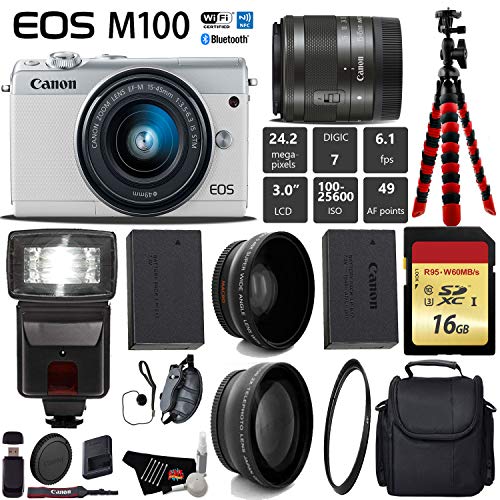 Canon EOS M100 Mirrorless Digital Camera White with 15-45mm Lens + Flash + UV FLD CPL Filter Kit + Wide Angle & Teleph