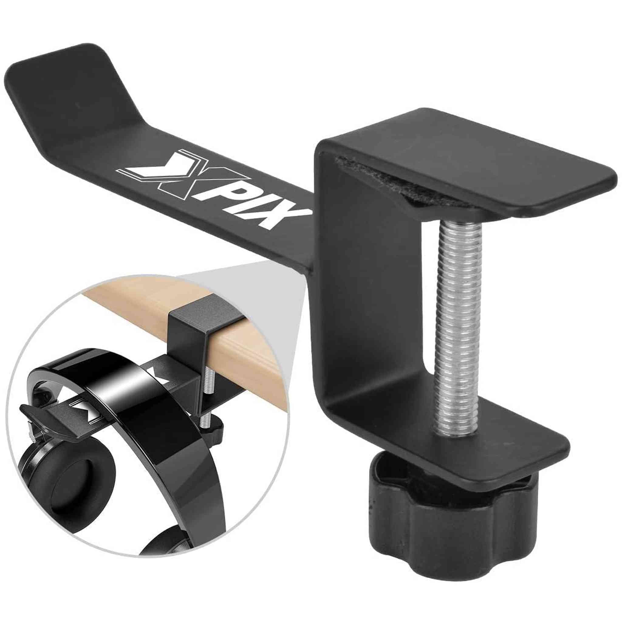 Xpix Metal Headphone Headset Holder Hanger with Under Desk Design Mount Clamp Clip Grip - Hooks onto Surface Without Glue Or Mess - Fits Headphones XPIX