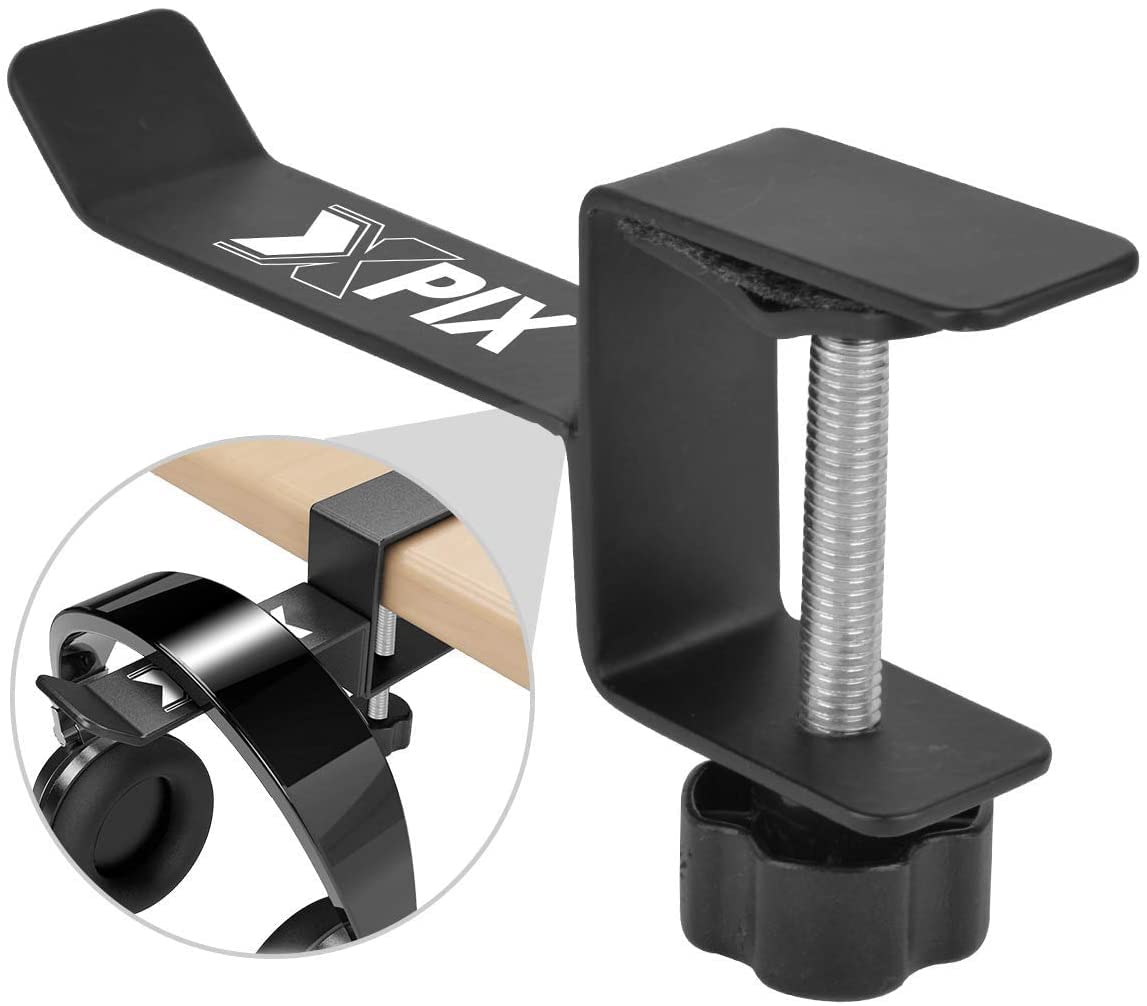 Xpix Metal Headphone Headset Holder Hanger with Under Desk Design Mount Clamp Clip Grip - Hooks onto Surface Without Glue Or Mess - Fits Headphones