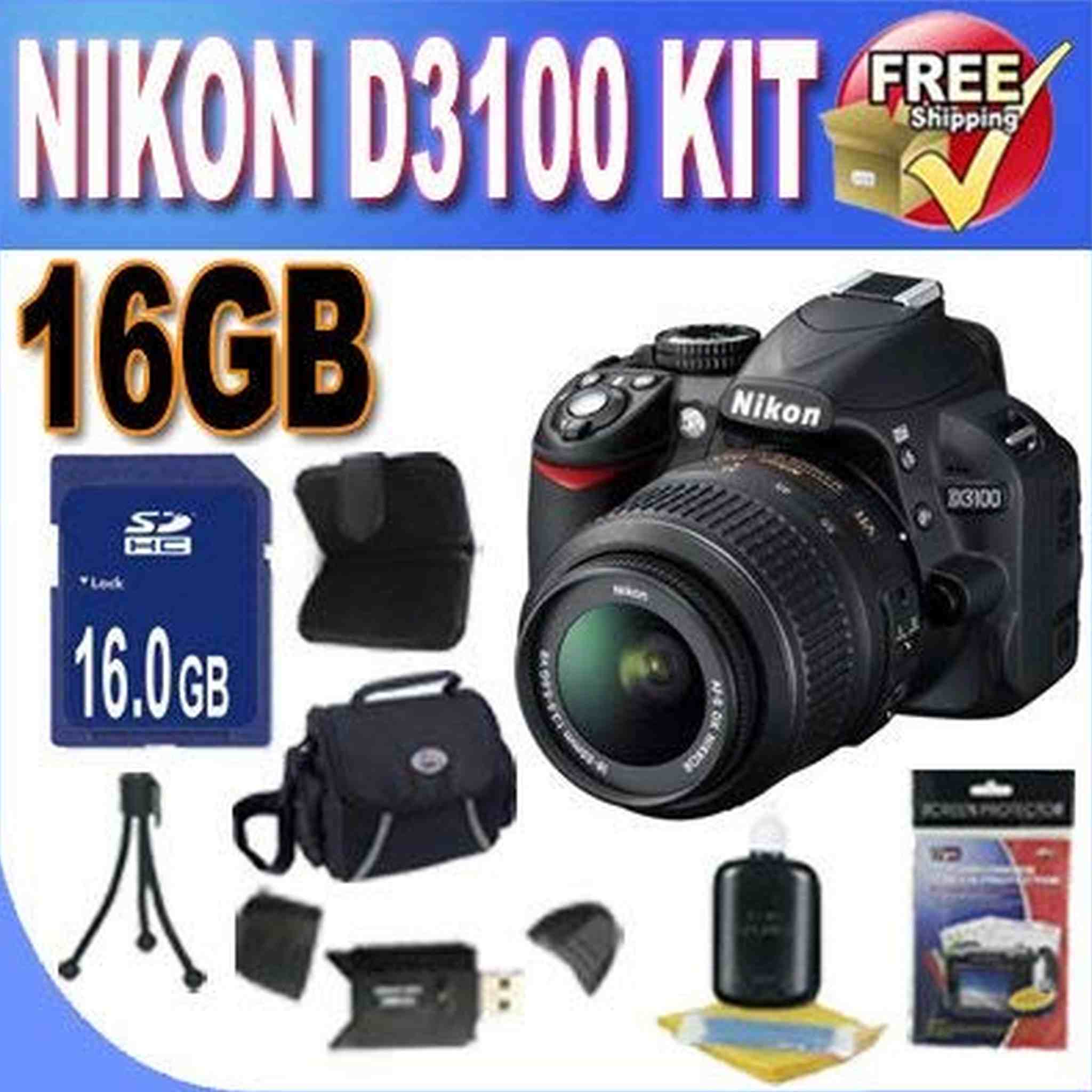 Nikon D3100 14.2MP Digital SLR Camera with 18-55mm f/3.5-5.6 AF-S DX VR Nikkor Zoom Lens 16GB Kit Nikon