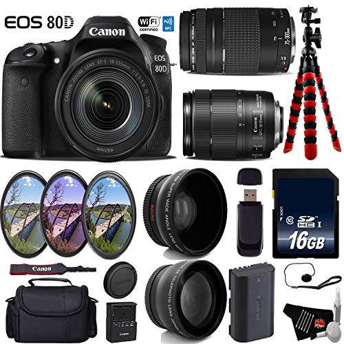 Canon EOS 80D DSLR Camera with 18-135mm is STM Lens & 75-300mm III Lens + UV FLD CPL Filter Kit Advanced Bundle