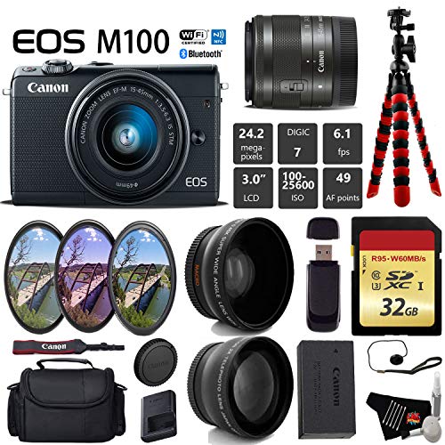 Canon EOS M100 Mirrorless Digital Camera Black with 15-45mm Lens + UV FLD CPL Filter Kit + Wide Angle & Telephoto Lens