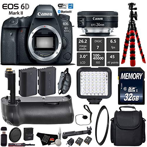 Canon EOS 6D Mark II DSLR Camera With 24mm 2.8 STM Lens + Professional Battery Grip + UV Protection Filter + LED Kit Starter Bundle