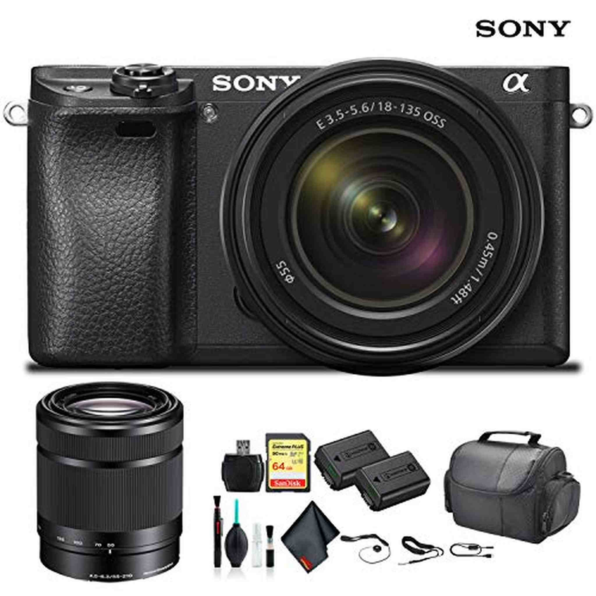 Sony Alpha a6300 Mirrorless Camera with 18-135mm Lens Black ILCE-6300M/B With Sony 55-210mm Lens, Soft Bag, Additional Battery, 64GB Memory Card, Card Reader , Plus Essential Accessories Sony