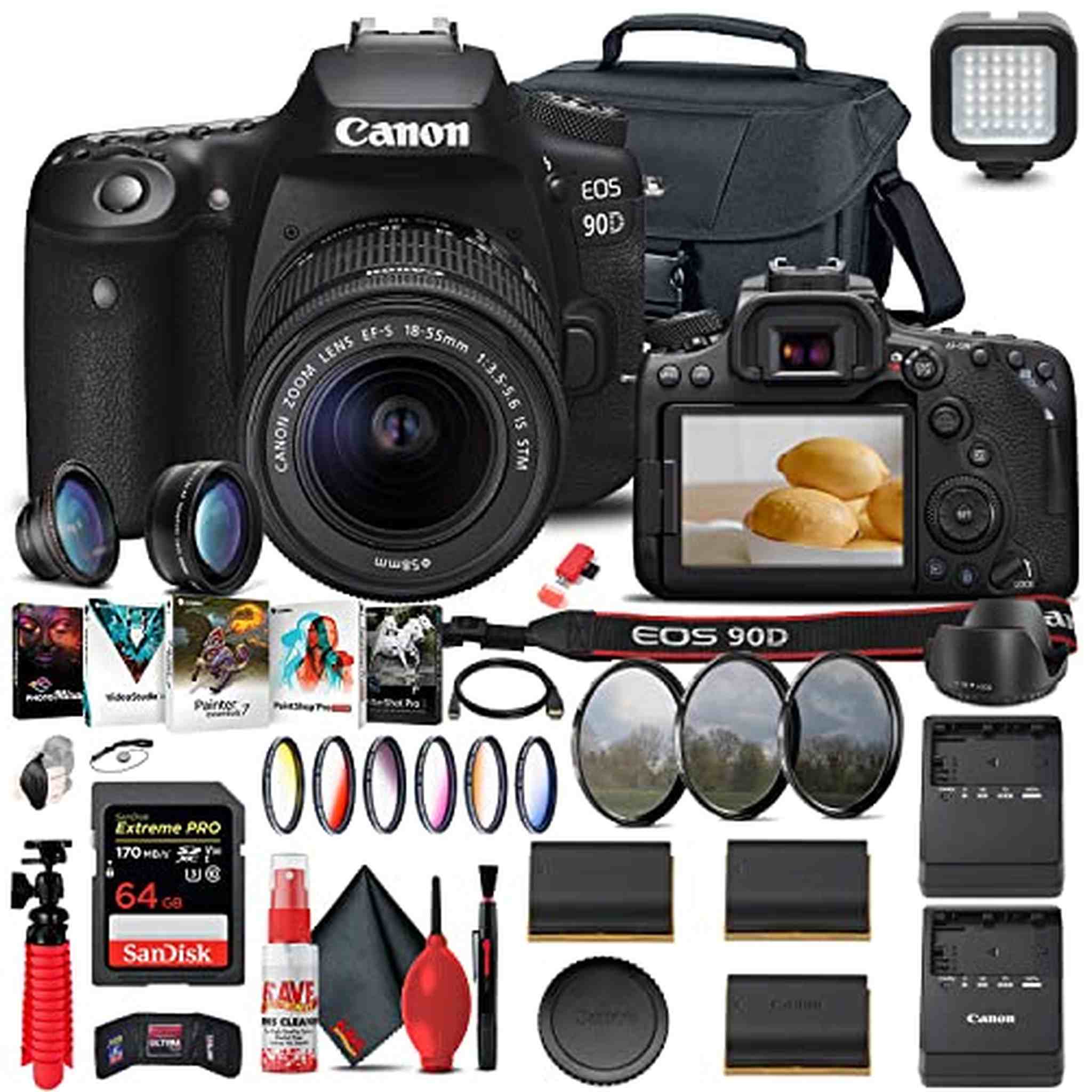 Canon EOS 90D DSLR Camera with 18-55mm Lens 3616C009 + 64GB Memory Card + More - Reconditioned Canon