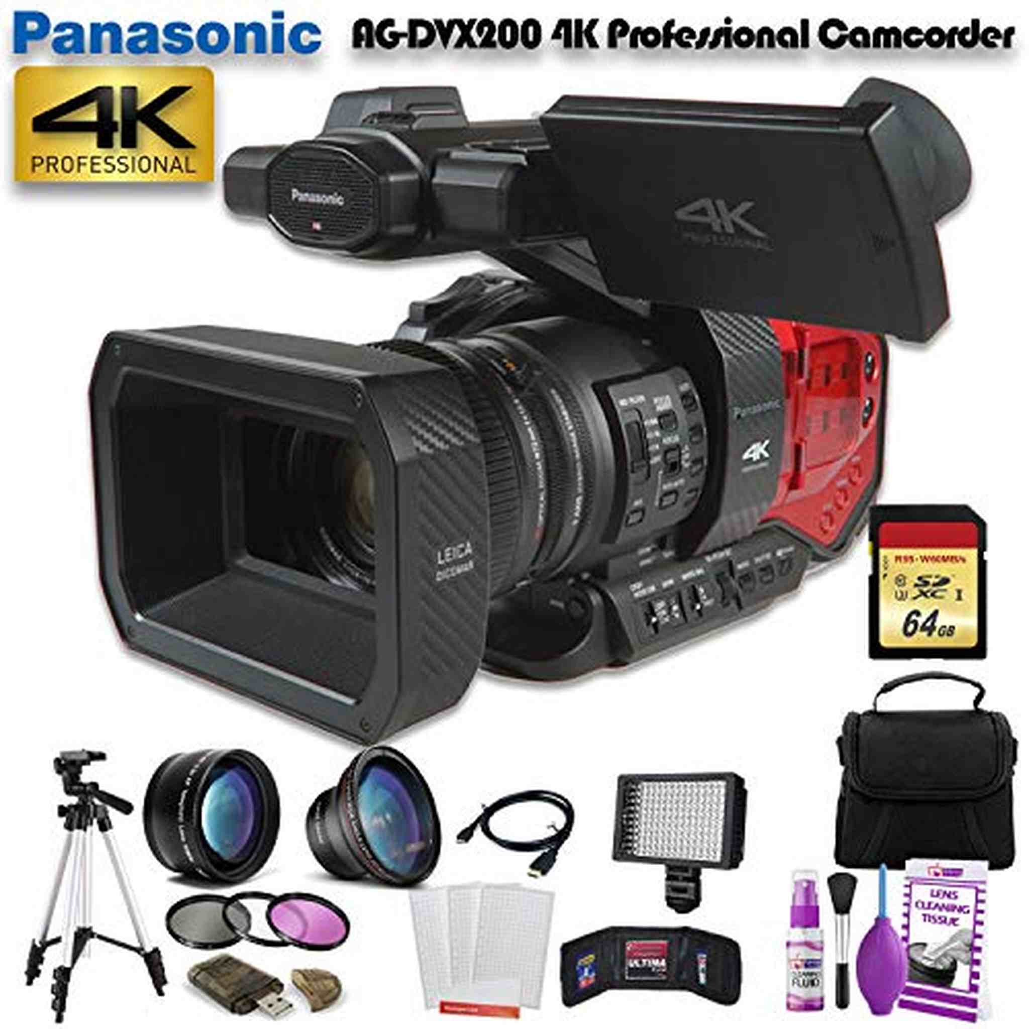 Panasonic AG-DVX200 4K Professional Camcorder AG-DVX200PJ8 W/ 64GB Memory Card, Bag, Tripod, Led Light and More Panasonic