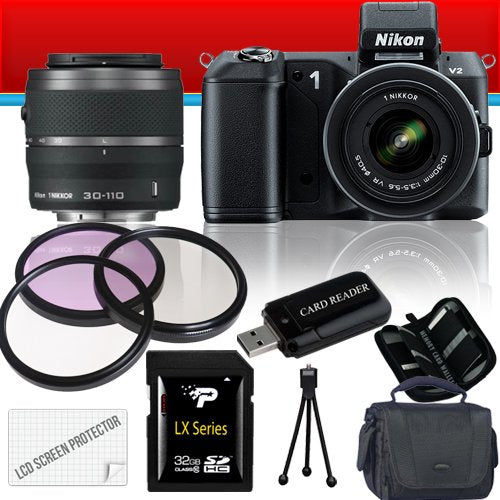 Nikon 1 V2 Mirrorless Digital Camera with 1 NIKKOR VR 10-30mm f/3.5-5.6 Lens Kit and 30-110mm f/3.8-5.6 Lens (Black) 32GB Package