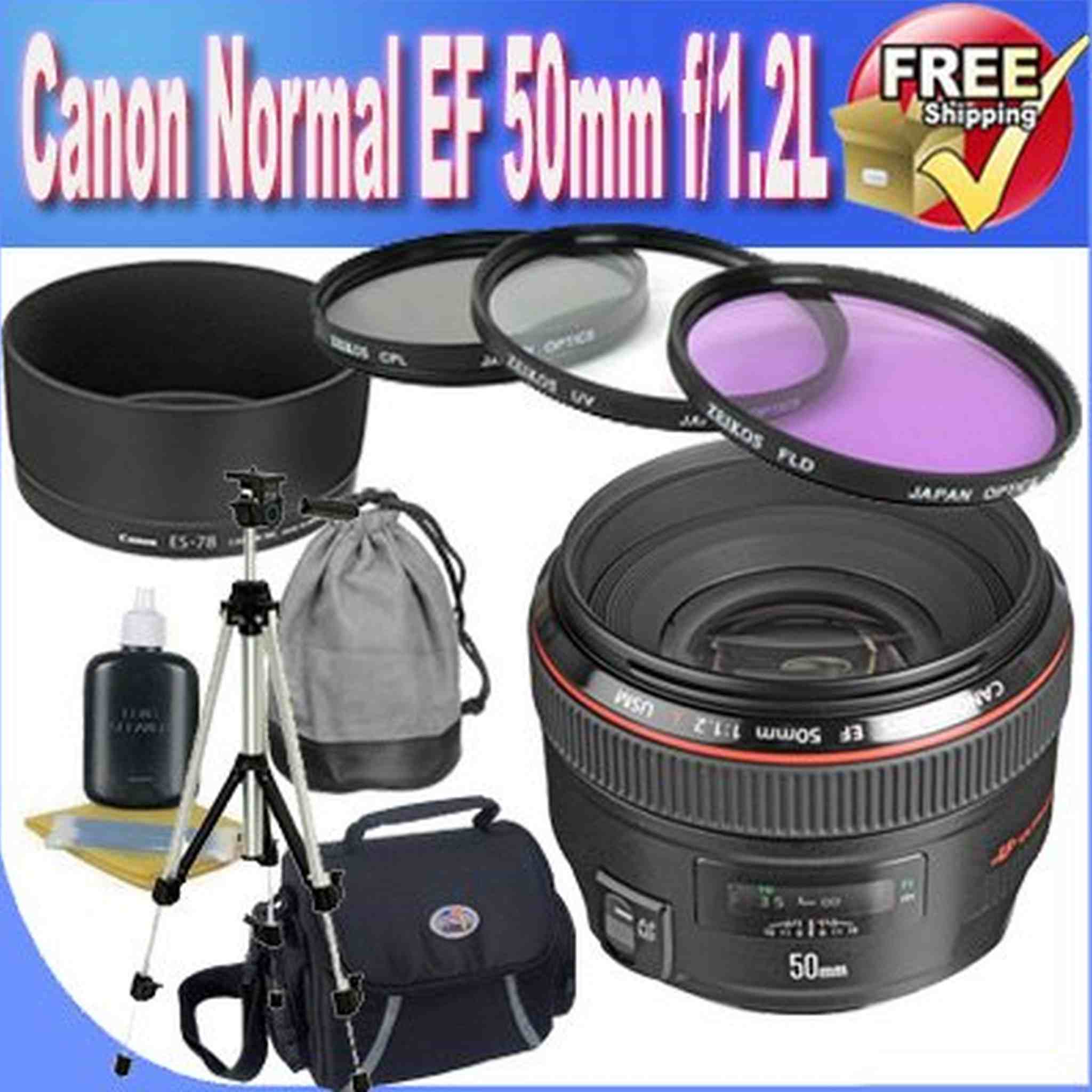 Canon EF 50mm f/1.2 L USM Lens for Canon Digital SLR Cameras + 72mm 3 Piece Professional Filter Bundle + Lens Pouch + Professional Full Size Tripod + Shock Proof Deluxe SLR Case + Lens & Camera Cleaning