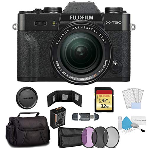 FUJIFILM X-T30 Mirrorless Digital Camera with 18-55mm Lens Black 16619920 - Bundle with 32GB Memory Card + Carrying Case + More