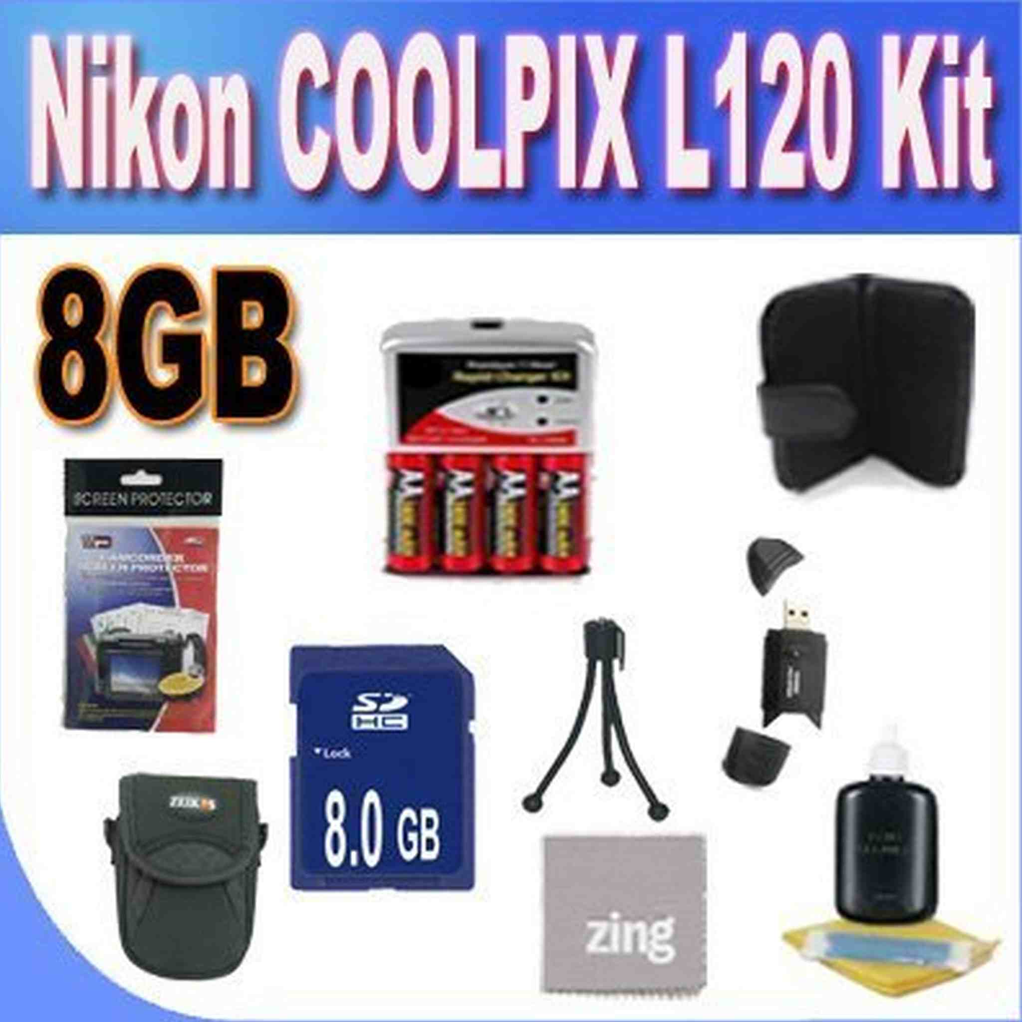 Nikon COOLPIX L120 8GB Accessory Saver Kit 8GB SDHC Memory Card+ Set of 4 NIMH Rechargeable AA Batteries+ Rapid Battery Charger + Memory Card Wallet+ Accessory Kit
