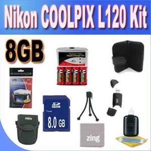 Nikon COOLPIX L120 8GB Accessory Saver Kit 8GB SDHC Memory Card+ Set of 4 NIMH Rechargeable AA Batteries+ Rapid Battery Charger + Memory Card Wallet+ Accessory Kit