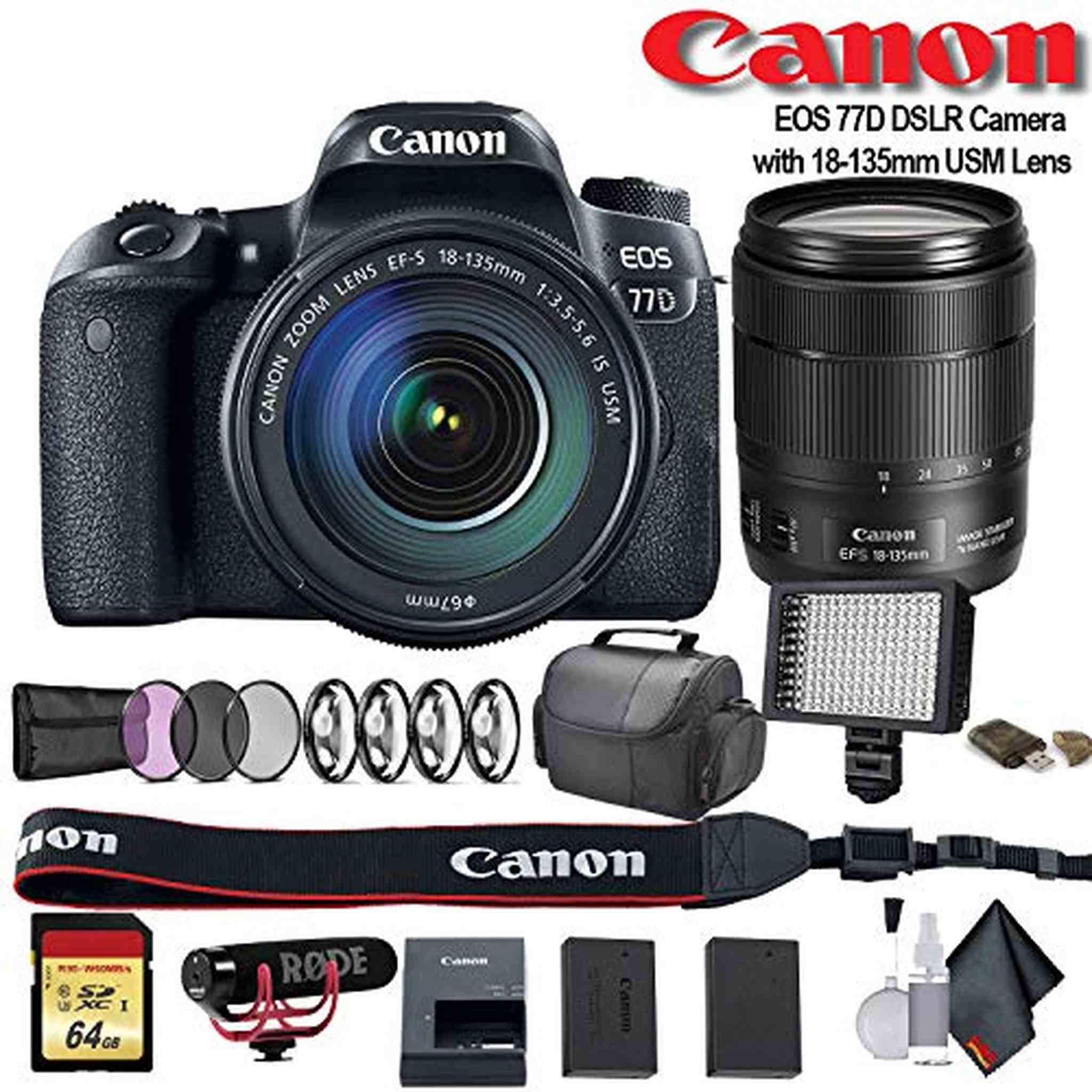 Canon EOS 77D DSLR Camera with 18-135mm USM Lens International Model 1892C002 W/Bag, Extra Battery, LED Light, Mic, Canon