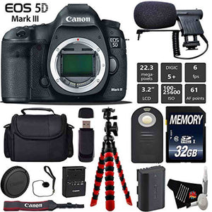 Canon EOS 5D Mark III DSLR Camera Body Only + Wireless Remote + Condenser Microphone + Case + Wrist Strap + Tripod Starter Bundle Canon