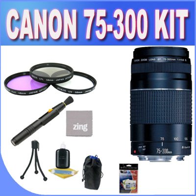 Canon EF 75-300mm f/4-5.6 III USM Telephoto Zoom Lens for Canon SLR Cameras + 3 Piece Filter Kit + Lens Pen Cleaner + Shock Proof Deluxe Lens Case + Microfiber Cleaning Cloth + Accessory Saver Bundle! Canon