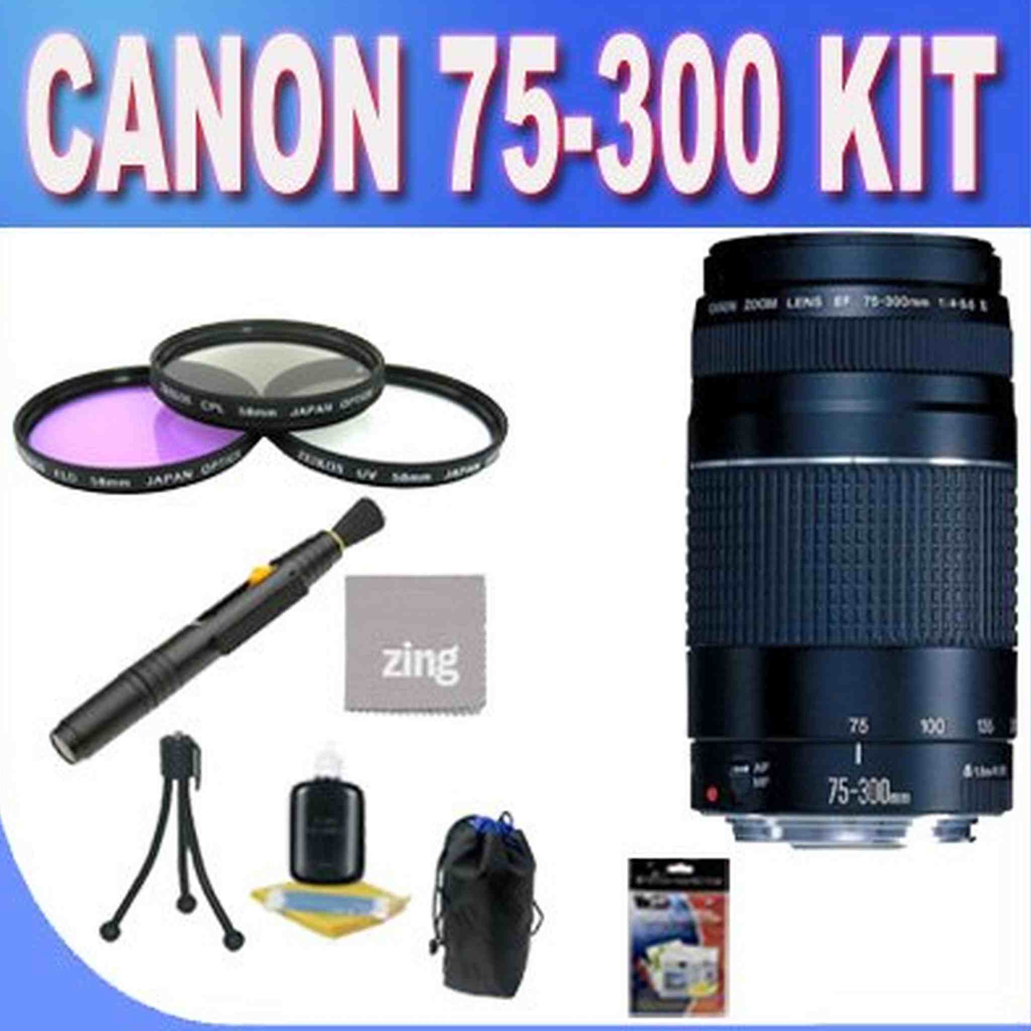 Canon EF 75-300mm f/4-5.6 III USM Telephoto Zoom Lens for Canon SLR Cameras + 3 Piece Filter Kit + Lens Pen Cleaner + Shock Proof Deluxe Lens Case + Microfiber Cleaning Cloth + Accessory Saver Bundle!
