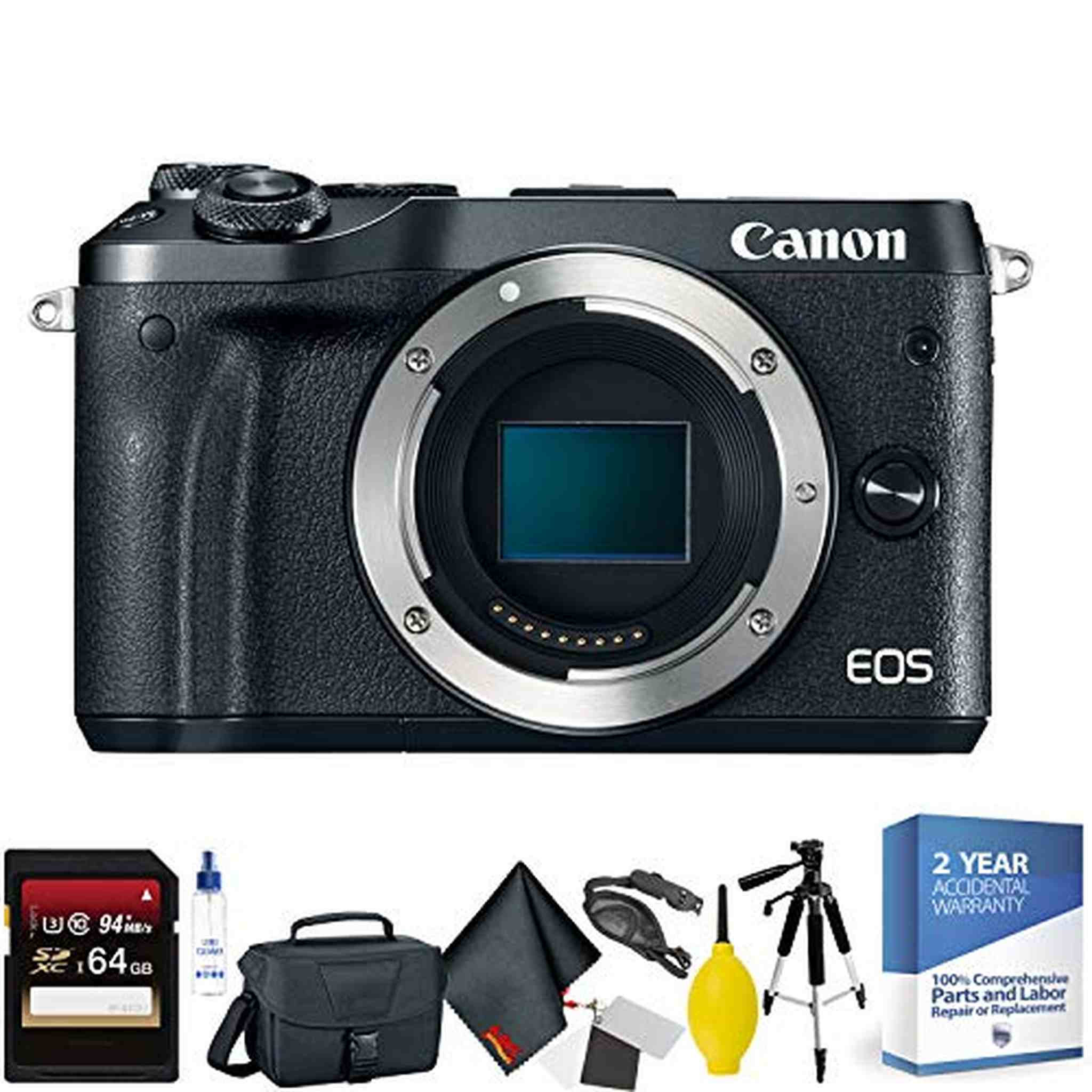 Canon EOS M6 Mirrorless Digital Camera Body Only, Black + 64GB Memory Card + Mega Accessory Kit + 2 Year Accidental Wa Canon
