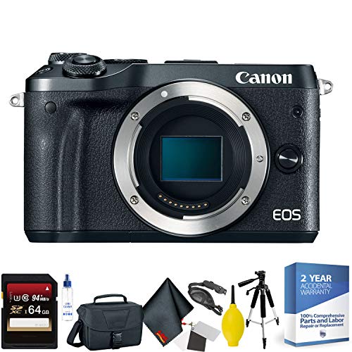 Canon EOS M6 Mirrorless Digital Camera Body Only, Black + 64GB Memory Card + Mega Accessory Kit + 2 Year Accidental Wa