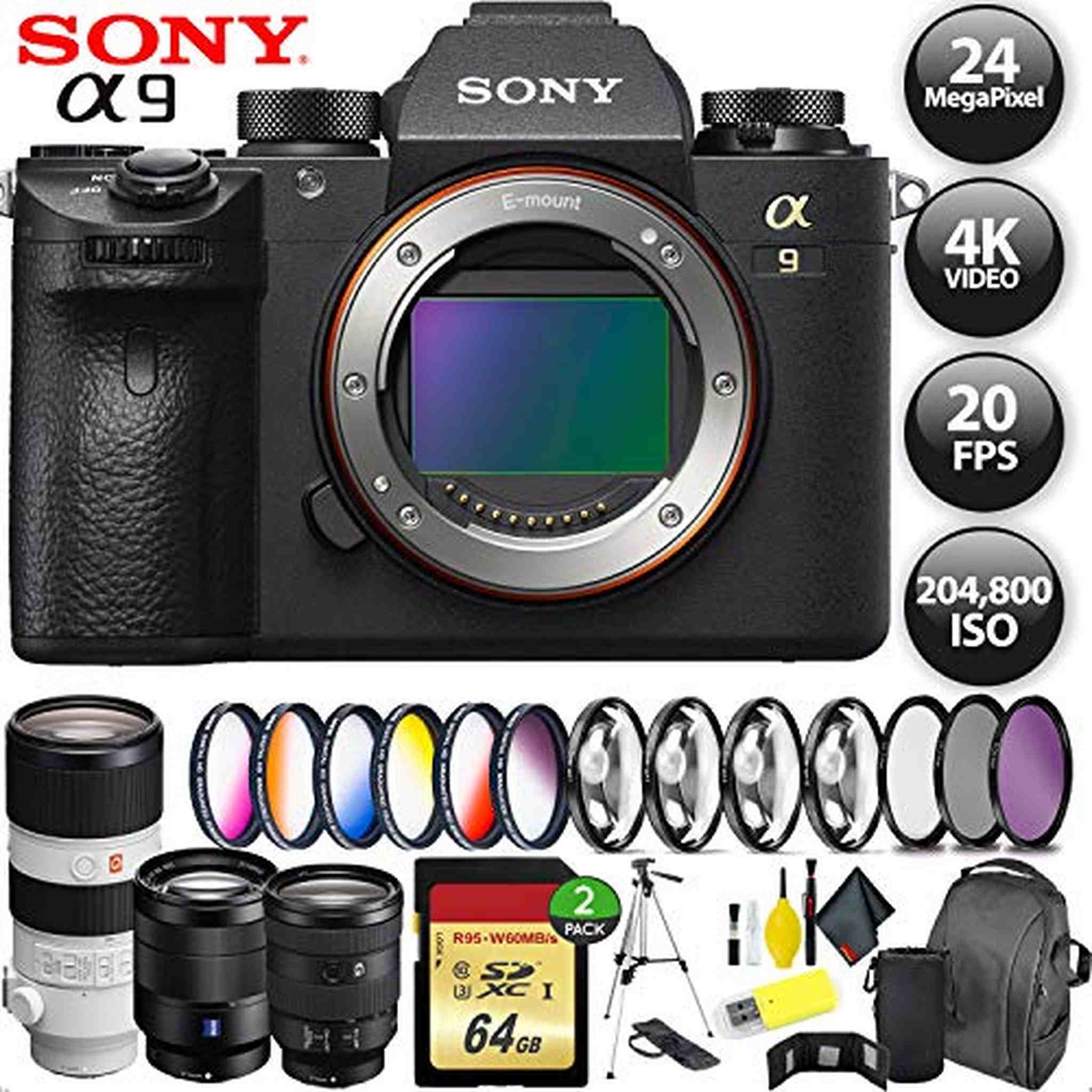 Sony Alpha a9 Mirrorless Digital Camera International Model + 256GB Memory + Sony 70-200mm + 24-105mm + 24-70mm 3 Lenses - Used Sony