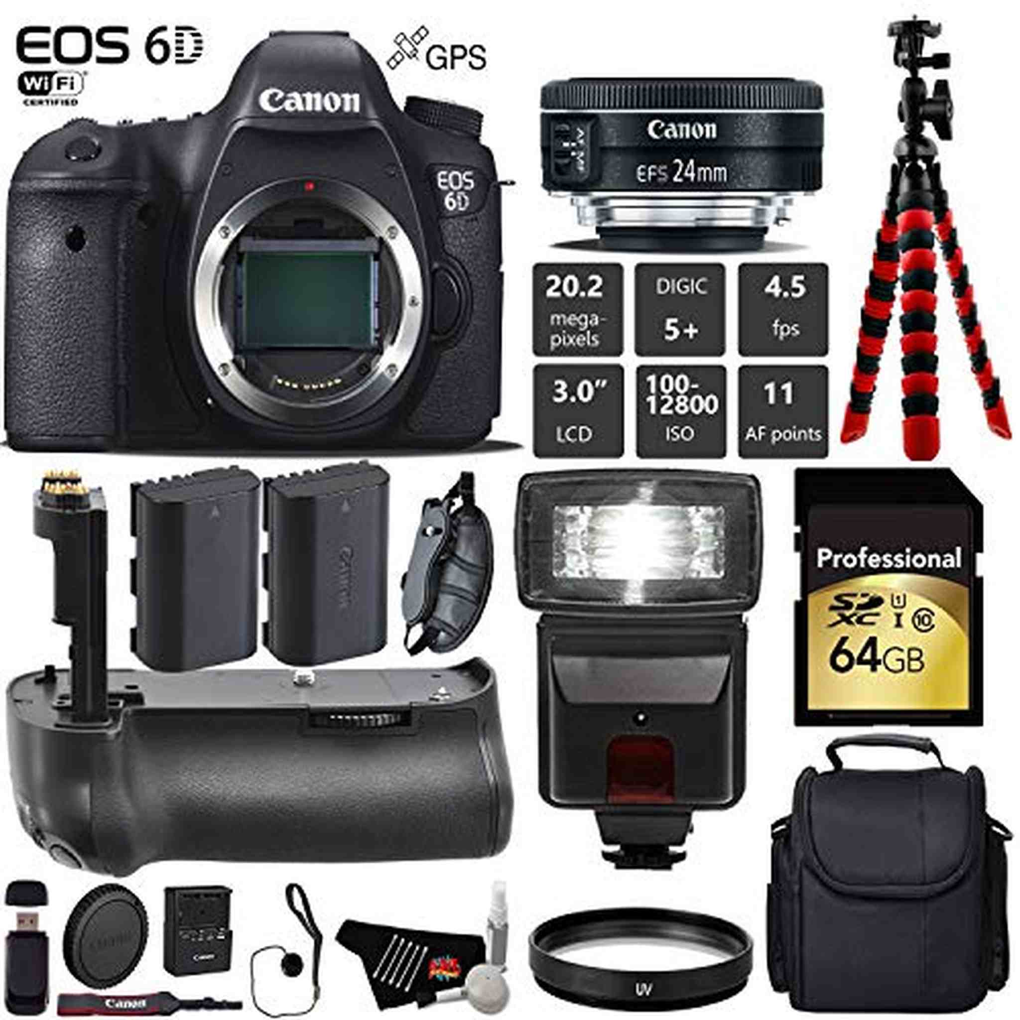 Canon EOS 6D DSLR Camera with 24mm f/2.8 STM Lens + Professional Battery Grip + UV Protection Filter + Flash + Extra Bat Canon