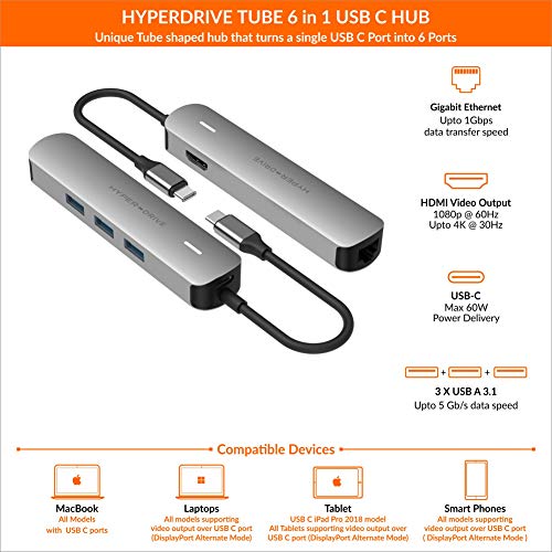 HyperDrive 6-in-1 USB-C Hub with 4K HDMI Output, Silver