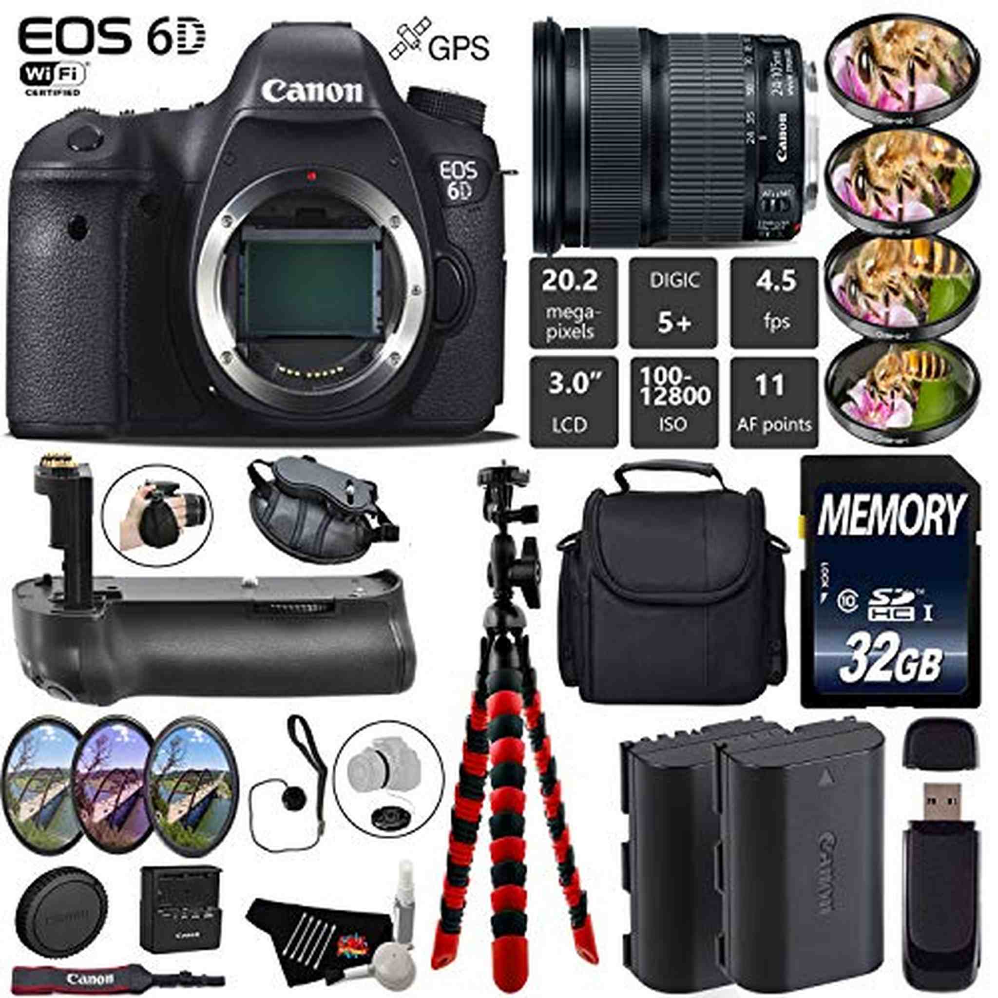 Canon EOS 6D DSLR Camera with 24-105mm is STM Lens + Professional Battery Grip + 4PC Macro Filter Kit + LED Kit + Extra Canon