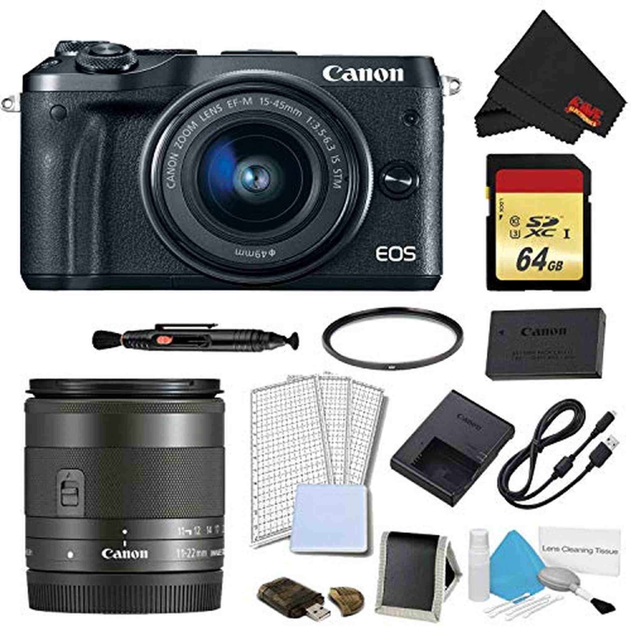 Canon EOS M6 Mirrorless Digital Camera with 15-45mm Lens Black Plus Bundle w/Bonus EF-M 11-22MM Lens - International M Canon