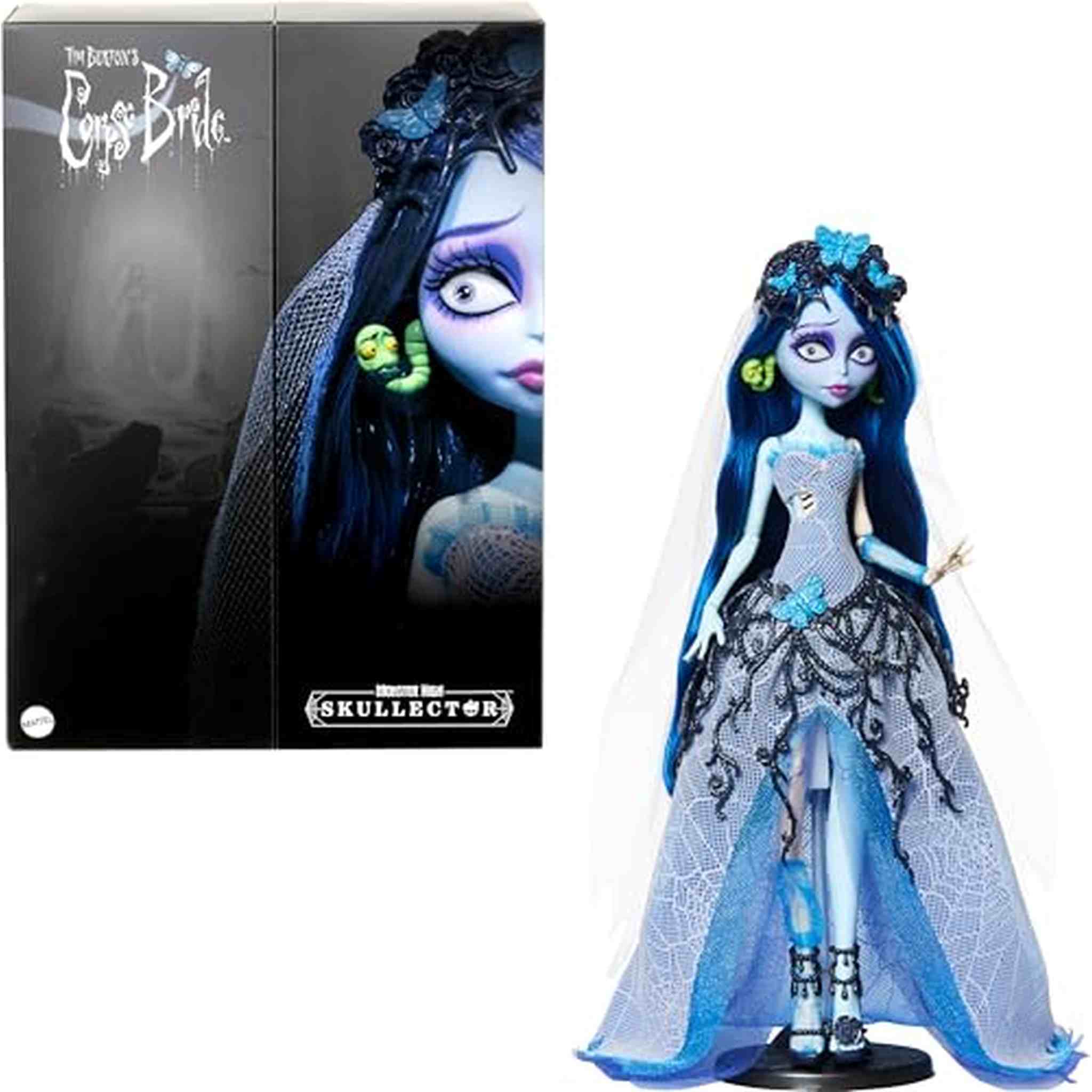Monster High Skullector Doll, Corpse Bride Emily Collectible in Gothic Spiderweb Wedding Dress with Accessories Like Gauze Veil and Doll Stand