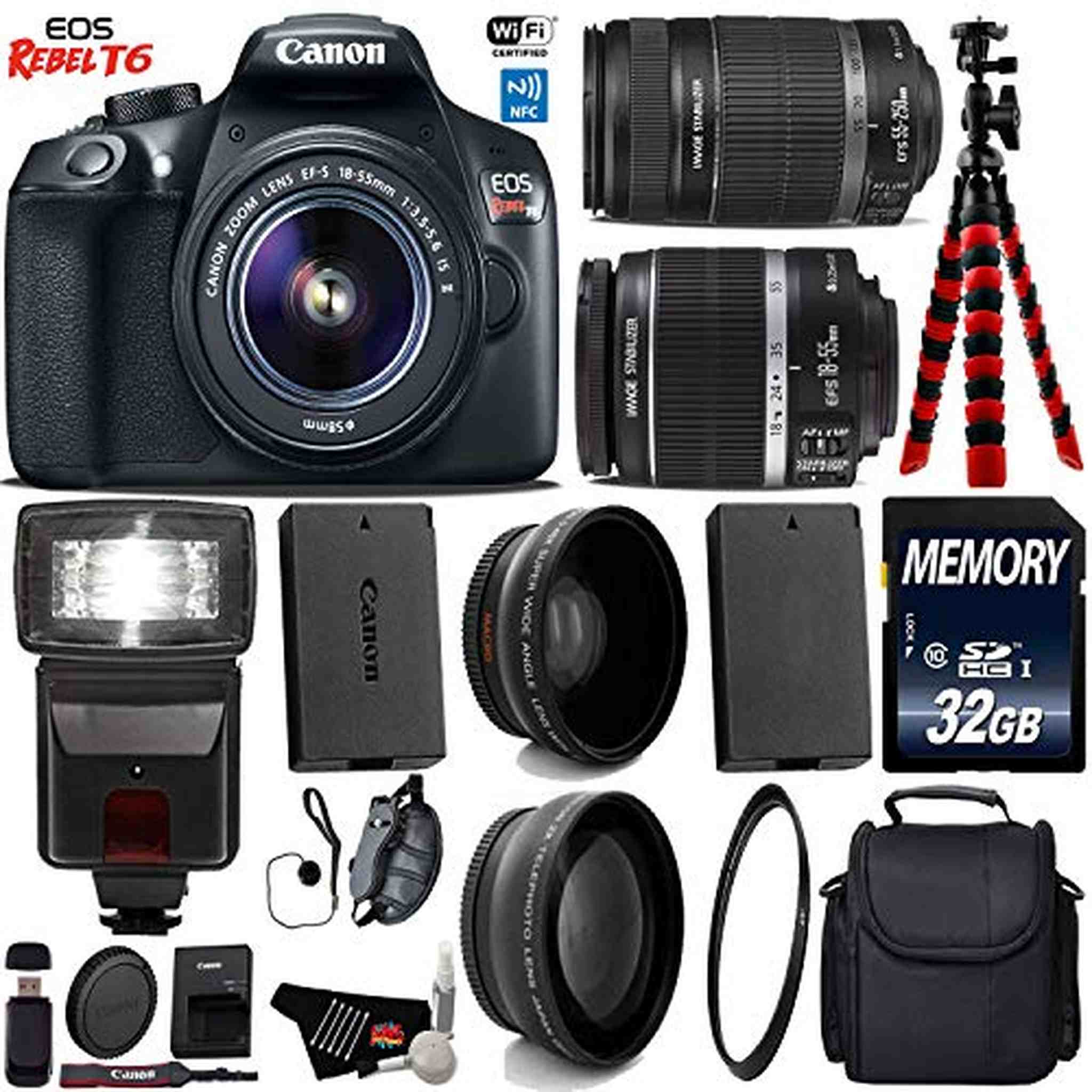 Canon EOS Rebel T6 DSLR Camera 18-55mm is Lens & 55-250mm is II Lens + Flash + UV FLD CPL Filter Kit + Wide Angle & Tele Canon