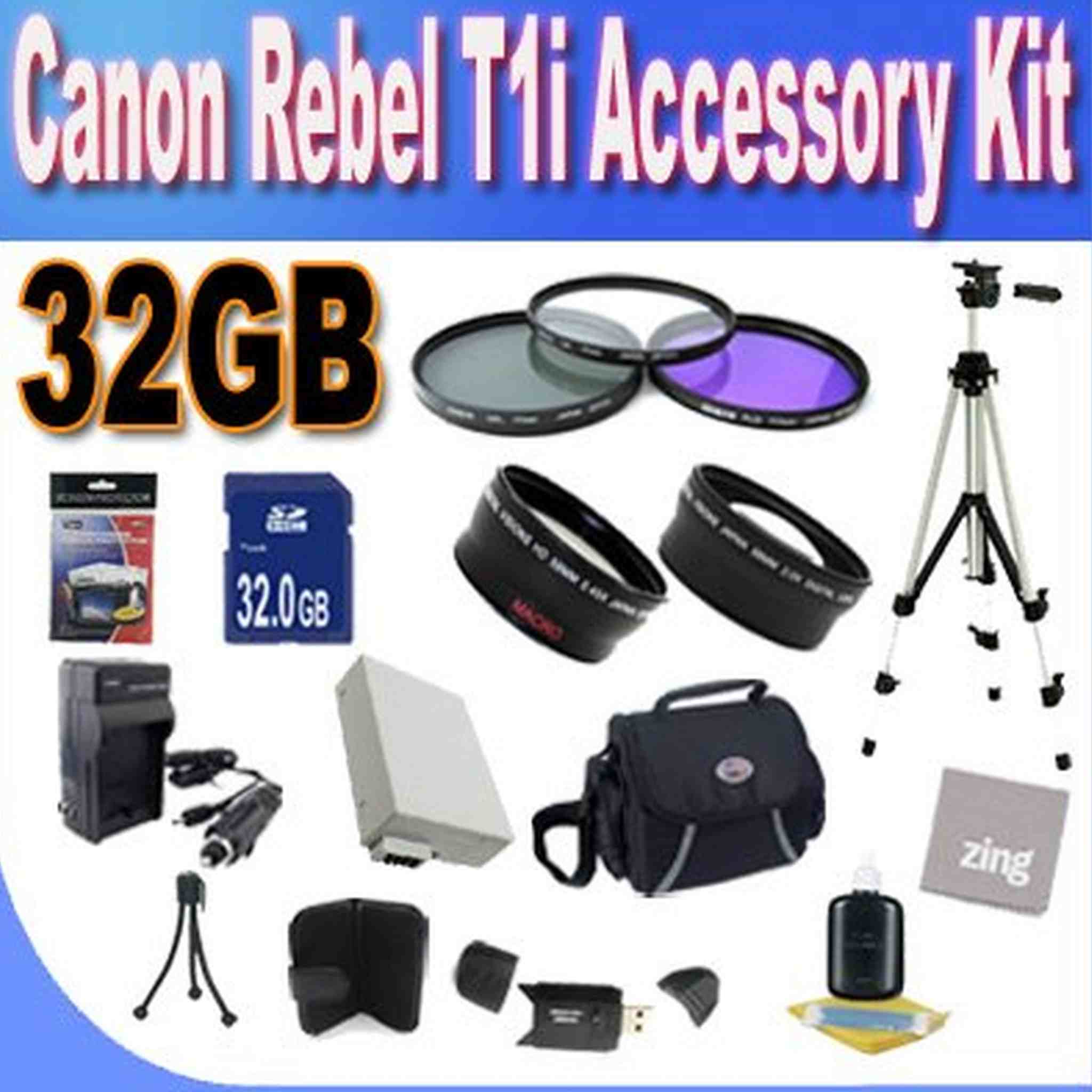 Canon T1I Accessory Saver Kit 58mm Wide Angle Lens + 58mm 2X Telephoto Lens + 58mm 3 Piece Filter Kit + 32GB SDHC Memory + Extended Life Battery Accessory Saver Bundle!