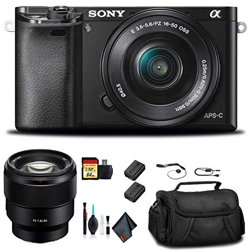 Sony Alpha a6000 Mirrorless Camera with 16-50mm and 55-210mm Lenses ILCE6000Y/B With Sony FE 85mm Lens, Soft Bag, Additional Battery, 64GB Memory Card, Card Reader , Plus Essential Accessories