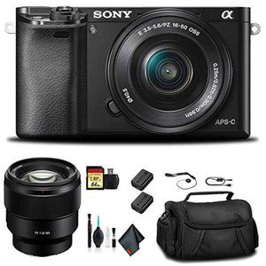 Sony Alpha a6000 Mirrorless Camera with 16-50mm and 55-210mm Lenses ILCE6000Y/B with Sony FE 85mm Lens, Soft Bag, Additi - Used Sony