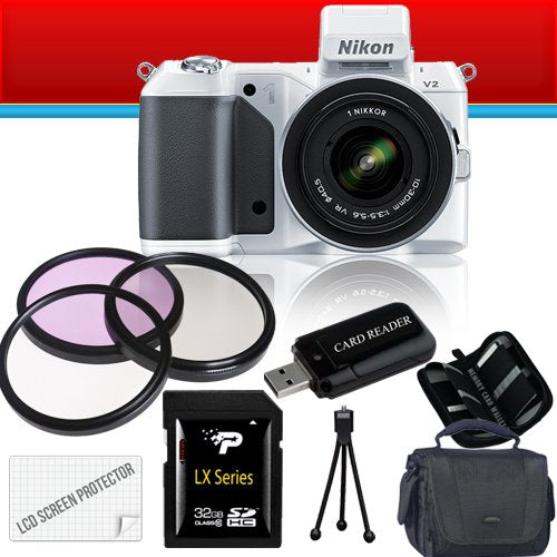 Nikon 1 V2 Mirrorless Digital Camera with 1 NIKKOR VR 10-30mm f/3.5-5.6 Lens Kit (White) 32GB Package