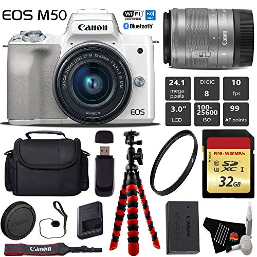 Canon EOS M50 Mirrorless Digital Camera White with 15-45mm Lens + Flexible Tripod + UV Protection Filter + Professiona
