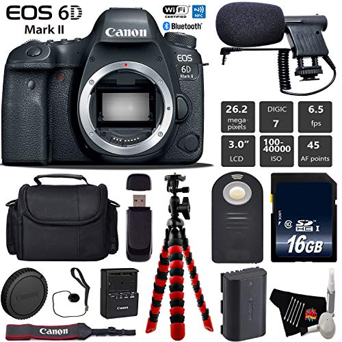 Canon EOS 6D Mark II DSLR Camera (Body Only) + Wireless Remote + Condenser Microphone + Case + Wrist Strap + Tripod Base Bundle