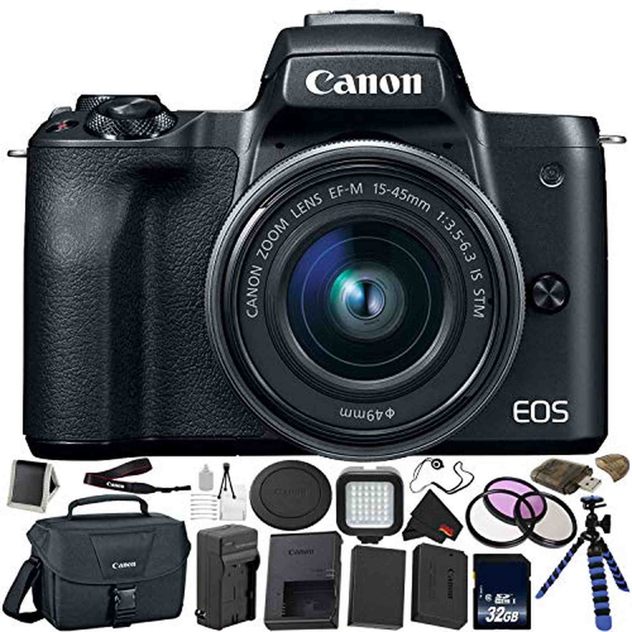 Canon EOS M50 Mirrorless Digital Camera with 15-45mm Lens Bundle with 32GB Memory Card + Tripod + Spare Battery + LED Light + More - Intl Model Canon