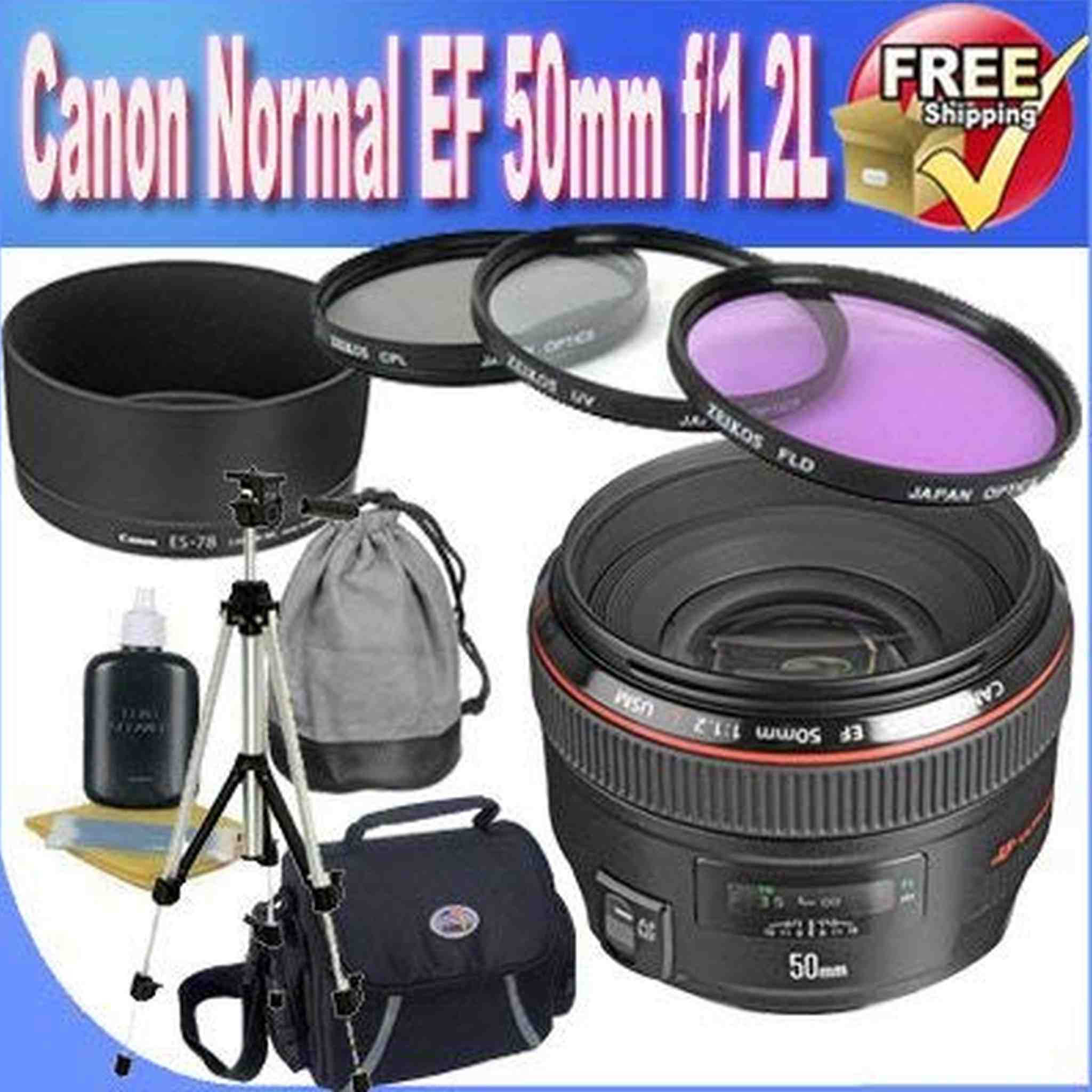 Canon EF 50mm f/1.2 L USM Lens for Canon Digital SLR Cameras + 72mm 3 Piece Professional Filter Bundle + Lens Pouch + Professional Full Size Tripod + Shock Proof Deluxe SLR Case + Lens & Camera Cleaning