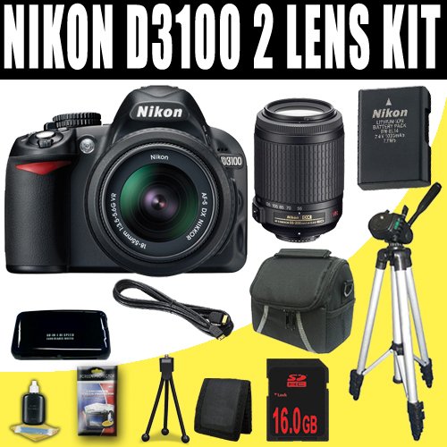 Nikon D3100 14.2MP Digital SLR Camera with 18-55mm f/3.5-5.6G AF-S DX VR and Nikon 55-200mm f/4-5.6G ED IF AF-S DX VR Zoom-Nikkor Lenses + Nikon EN-EL14 Battery + 16GB Deluxe Accessory Kit