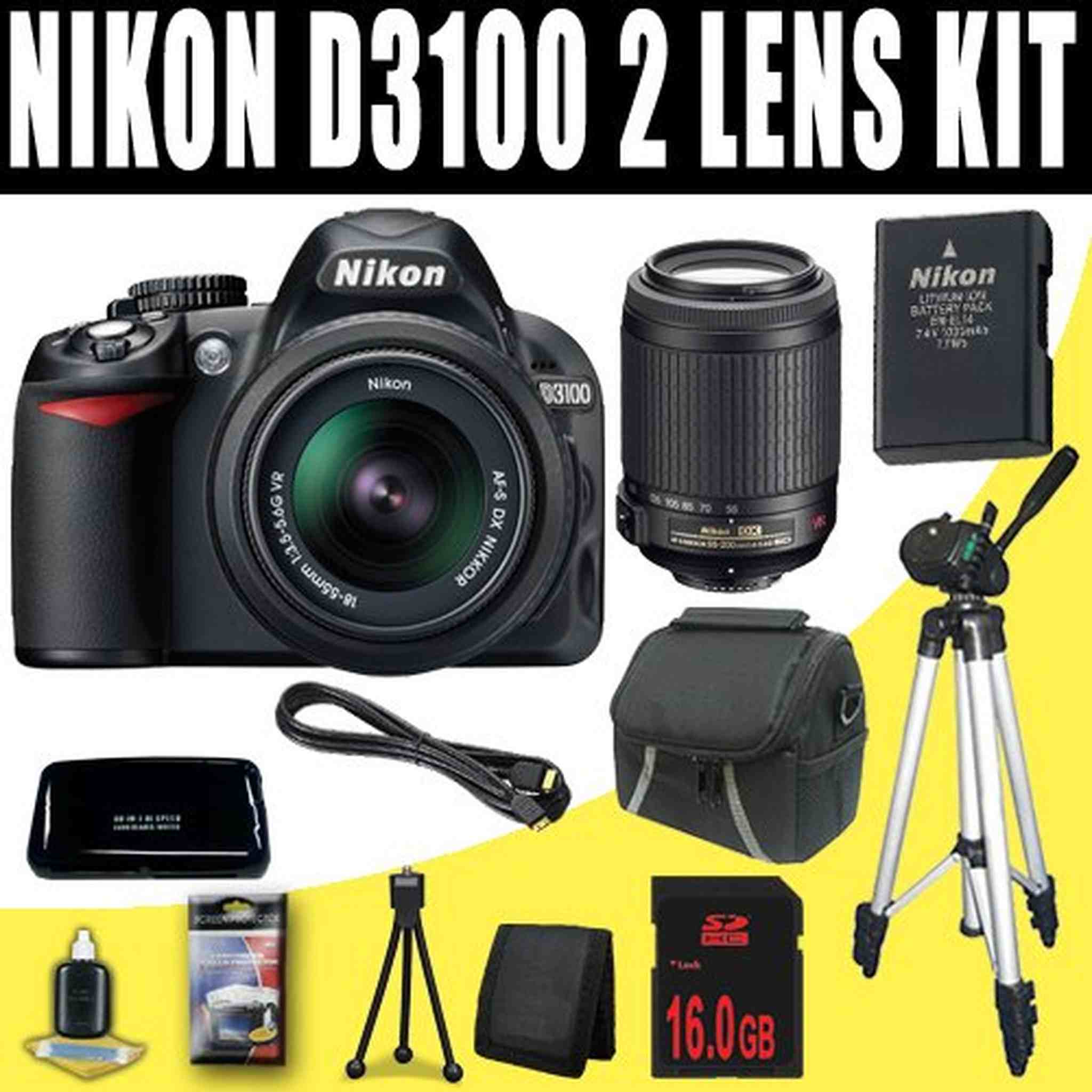 Nikon D3100 14.2MP Digital SLR Camera with 18-55mm f/3.5-5.6G AF-S DX VR and Nikon 55-200mm f/4-5.6G ED IF AF-S DX VR Zoom-Nikkor Lenses + Nikon EN-EL14 Battery + 16GB Deluxe Accessory Kit