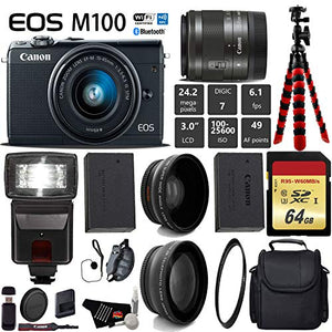 Canon EOS M100 Mirrorless Digital Camera Black with 15-45mm Lens + Flash + UV FLD CPL Filter Kit + Wide Angle& Telepho