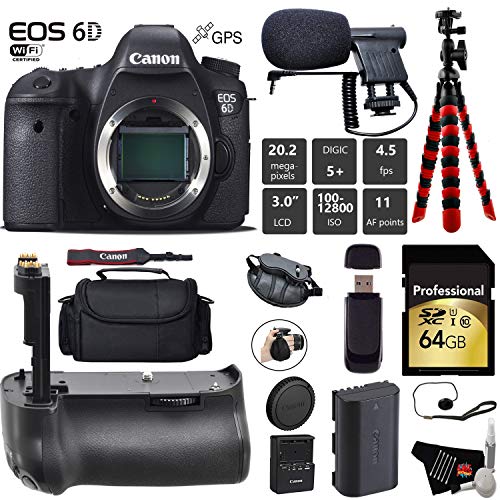 Canon EOS 6D DSLR Camera Body Only + Professional Battery Grip + Condenser Microphone + Case + Wrist Strap + Tripod +