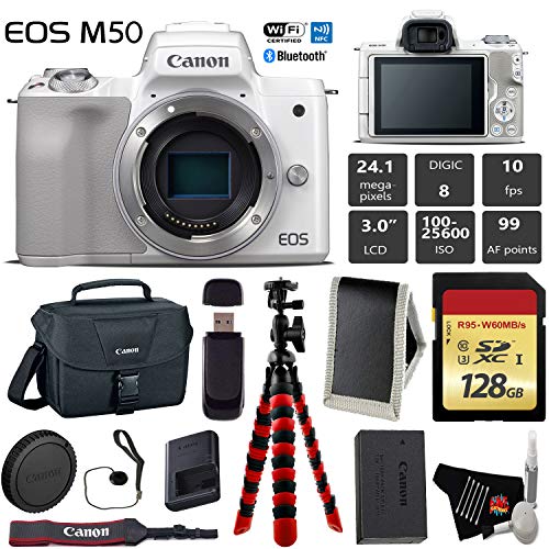 Canon EOS M50 Mirrorless Digital Camera White, Body Only + 128GB Class 10 Memory Card + Canon Camera Case + Flexible T