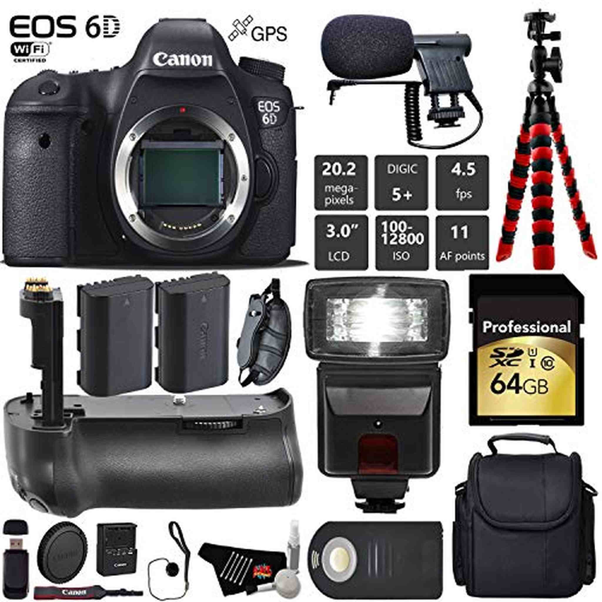 Canon EOS 6D DSLR Camera Body Only + Professional Battery Grip + Condenser Microphone + Flash + Extra Battery + Case + Canon