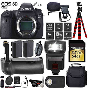 Canon EOS 6D DSLR Camera Body Only + Professional Battery Grip + Condenser Microphone + Flash + Extra Battery + Case + Canon