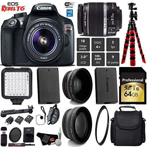 Canon EOS Rebel T6 DSLR Camera with 18-55mm is II Lens + LED + UV FLD CPL Filter Kit + Wide Angle & Telephoto Lens Pro Bundle