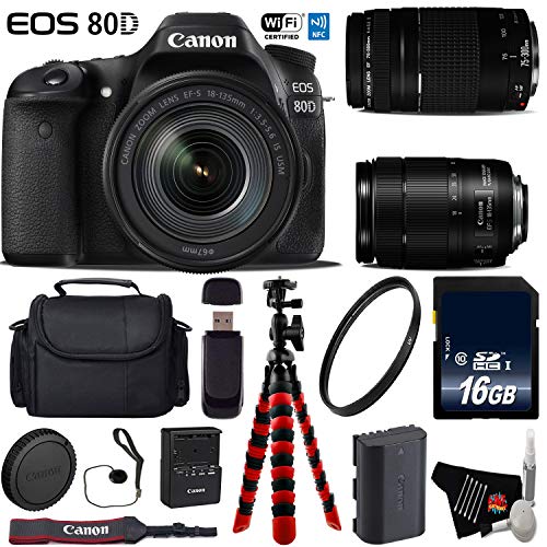 Canon EOS 80D DSLR Camera with 18-135mm is STM Lens & 75-300mm III Lens + Flexible Tripod + UV Protection Filter Ultimate Bundle