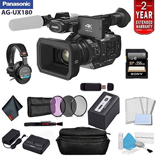 Panasonic AG-UX180 4K Premium Professional Camcorder Bundle with 2 Year Extended Warranty, Sony MDR-7506 Headphones + So