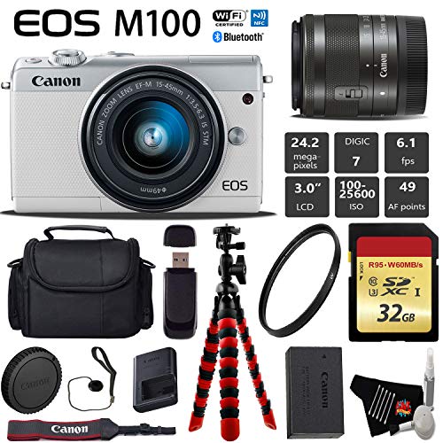Canon EOS M100 Mirrorless Digital Camera White with 15-45mm Lens Extra Storage Bundle