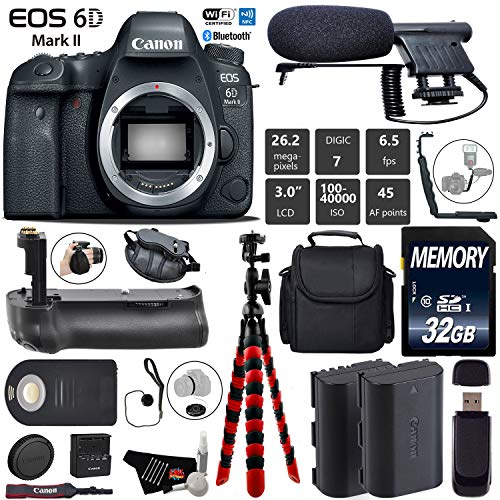 Canon EOS 6D Mark II DSLR Camera (Body Only) + Professional Battery Grip + Condenser Microphone + Extra Battery + Case Starter Bundle